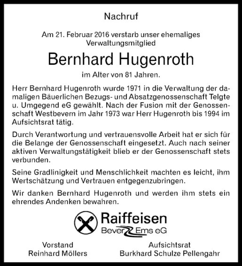  Traueranzeige für Bernhard Hugenroth vom 04.03.2016 aus Westfälische Nachrichten
