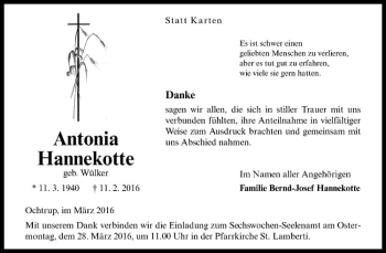Anzeige von Antonia Hannekotte von Westfälische Nachrichten