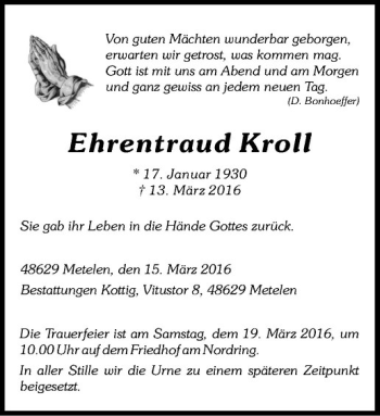 Anzeige von Ehrentraud Kroll von Westfälische Nachrichten
