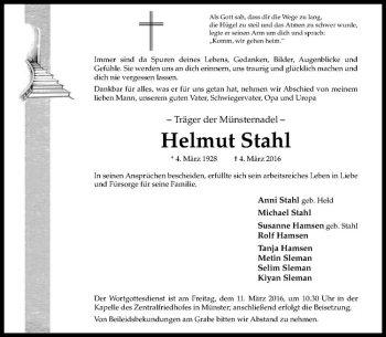 Anzeige von Helmut Stahl von Westfälische Nachrichten
