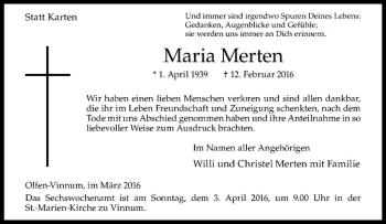 Anzeige von Maria Merten von Westfälische Nachrichten