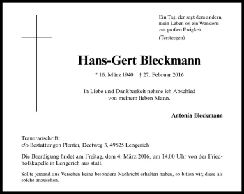 Anzeige von Hans-Gert Bleckmann von Westfälische Nachrichten