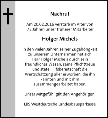 Anzeige von Holger Michels von Westfälische Nachrichten