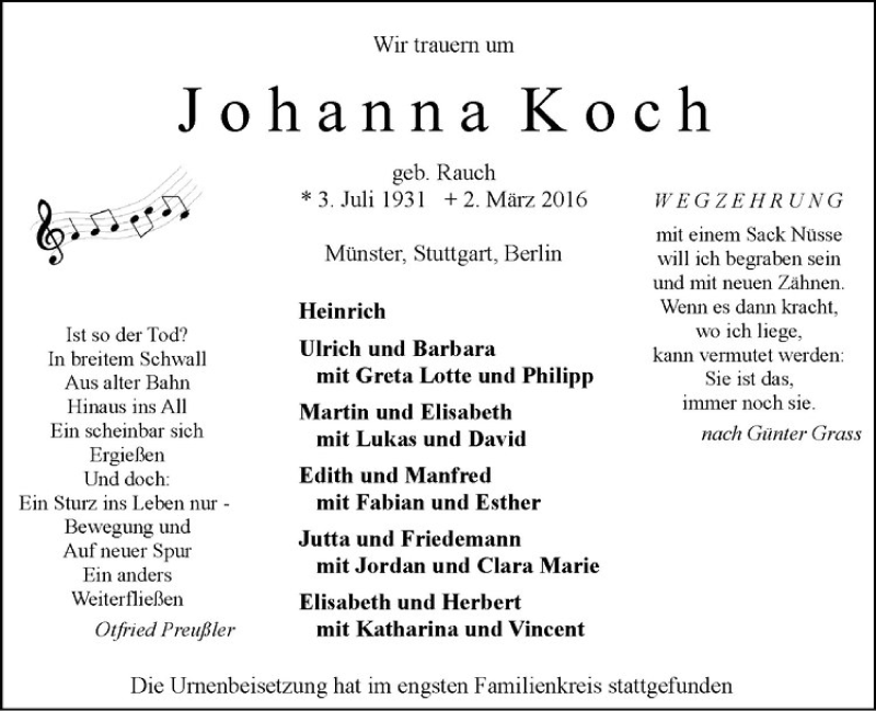  Traueranzeige für Johanna Koch vom 19.03.2016 aus Westfälische Nachrichten