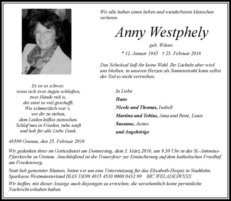  Traueranzeige für Anny Westphely vom 01.03.2016 aus Westfälische Nachrichten