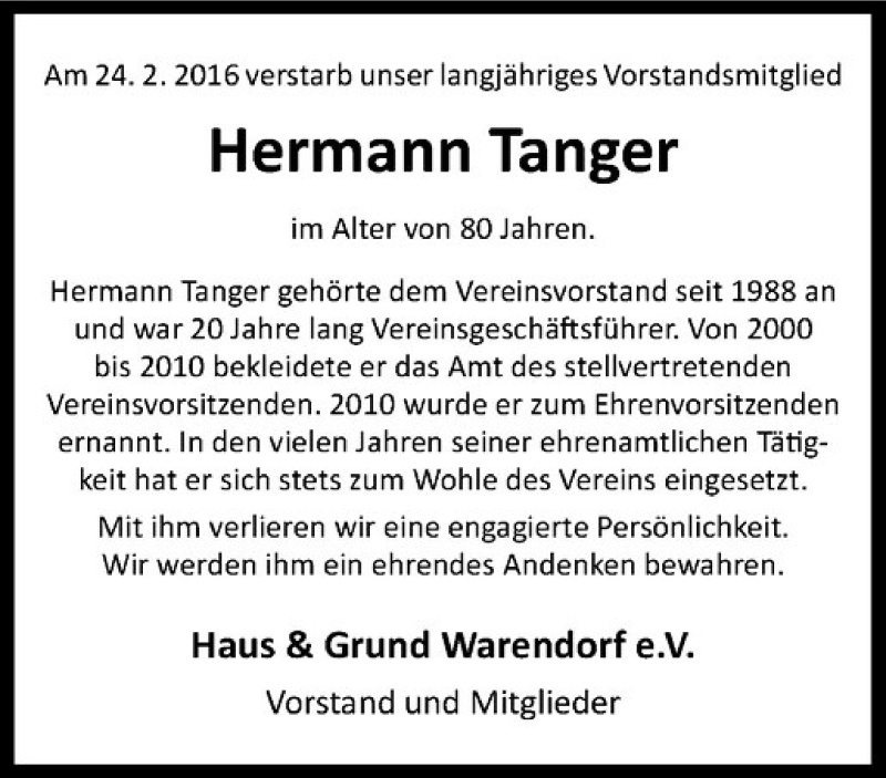  Traueranzeige für Hermann Tanger vom 01.03.2016 aus Westfälische Nachrichten