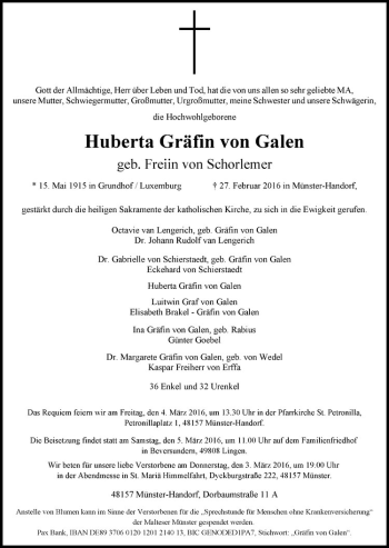 Anzeige von Huberta Gräfin von Galen von Westfälische Nachrichten