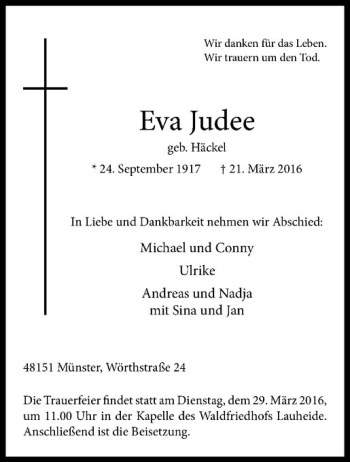 Anzeige von Eva Judee von Westfälische Nachrichten