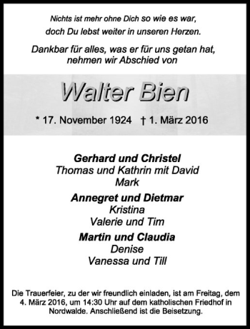 Anzeige von Walter Bien von Westfälische Nachrichten