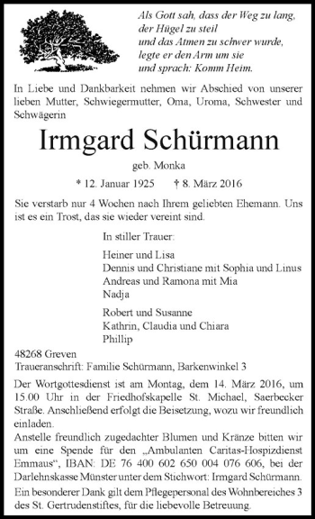 Anzeige von Irmgard Schürmann von Westfälische Nachrichten