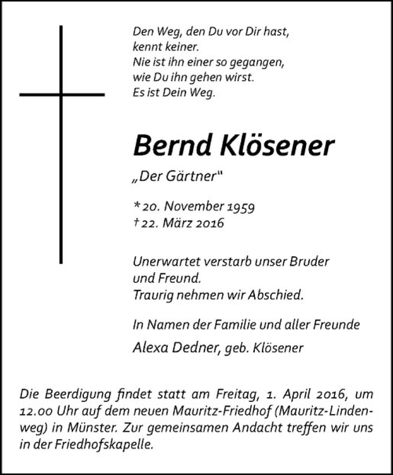  Traueranzeige für Bernd Klösener vom 30.03.2016 aus Westfälische Nachrichten