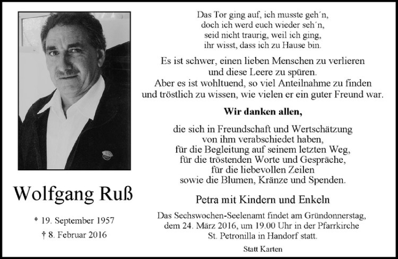  Traueranzeige für Wolfgang Ruß vom 19.03.2016 aus Westfälische Nachrichten