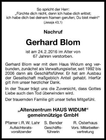 Anzeige von Gerhard Blom von Westfälische Nachrichten