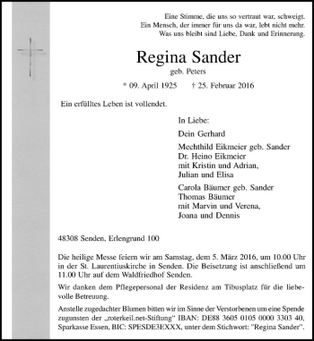 Anzeige von Regina Sander von Westfälische Nachrichten