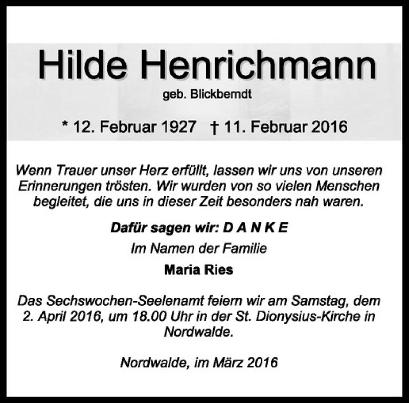  Traueranzeige für Hilde Henrichmann vom 30.03.2016 aus Westfälische Nachrichten