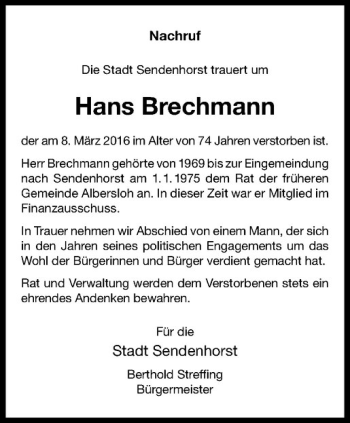 Anzeige von Hans Brechmann von Westfälische Nachrichten