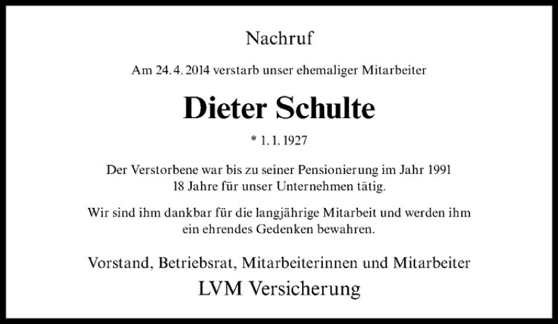  Traueranzeige für Dieter Schulte vom 30.04.2016 aus Westfälische Nachrichten
