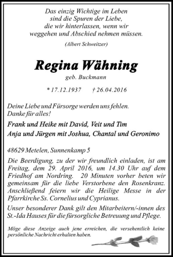 Anzeige von Regina Wähning von Westfälische Nachrichten