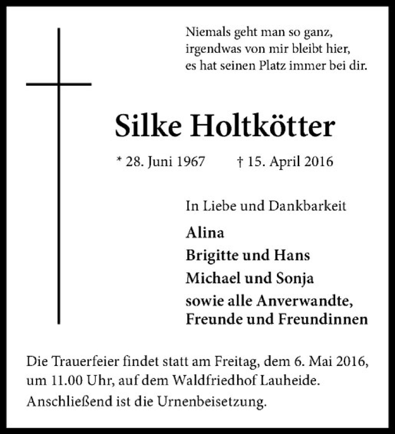  Traueranzeige für Silke Holtkötter vom 29.04.2016 aus Westfälische Nachrichten