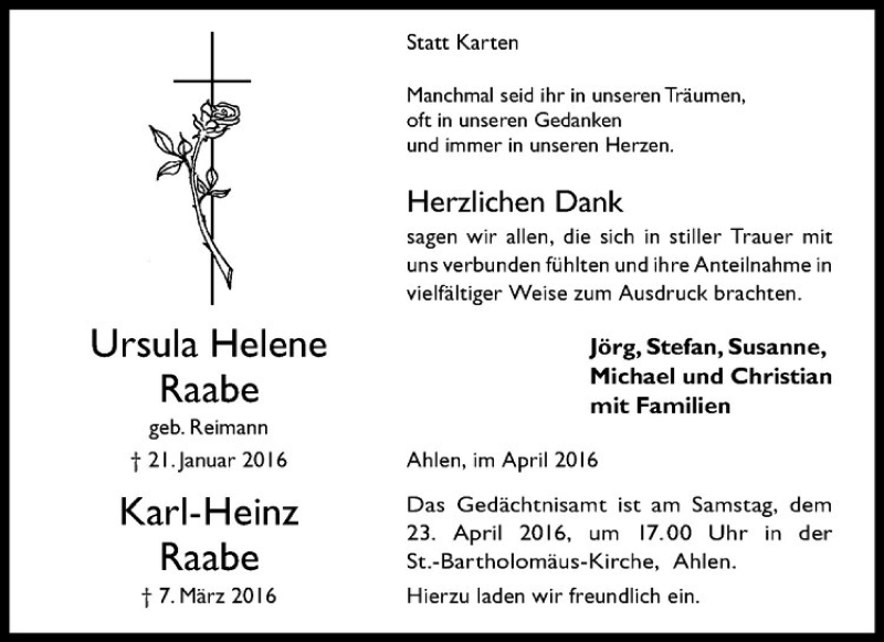  Traueranzeige für Ursula Helene Raabe vom 20.04.2016 aus Westfälische Nachrichten