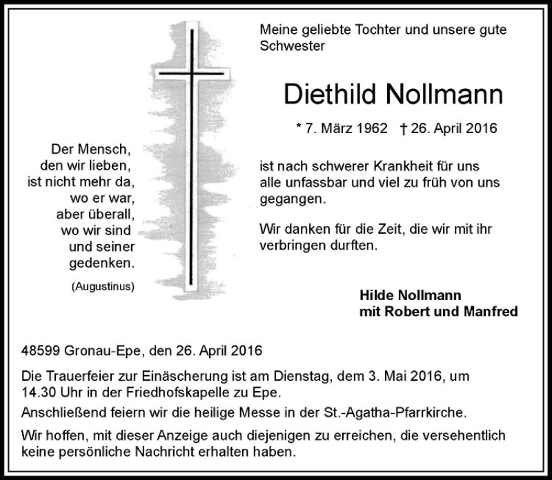  Traueranzeige für Diethild Nollmann vom 29.04.2016 aus Westfälische Nachrichten