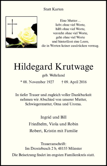 Anzeige von Hildegard Krutwange von Westfälische Nachrichten