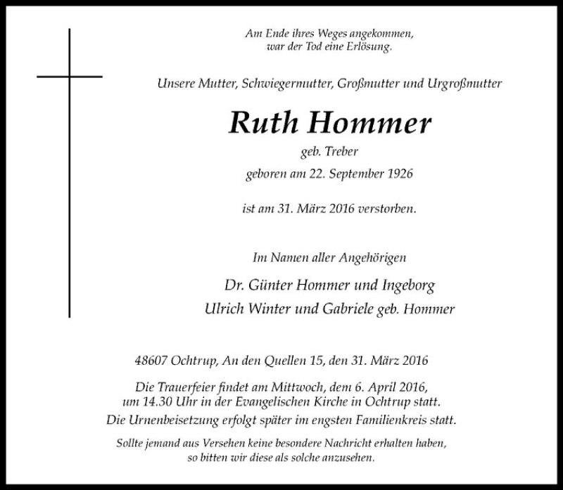  Traueranzeige für Ruth Hommer vom 02.04.2016 aus Westfälische Nachrichten