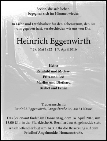 Anzeige von Heinrich Eggenwirth von Westfälische Nachrichten