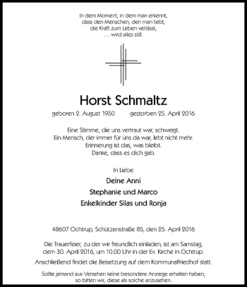 Anzeige von Horst Schmaltz von Westfälische Nachrichten