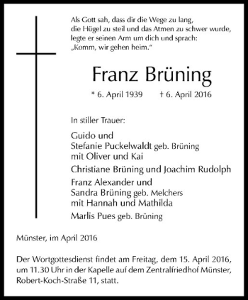 Anzeige von Franz Brüning von Westfälische Nachrichten