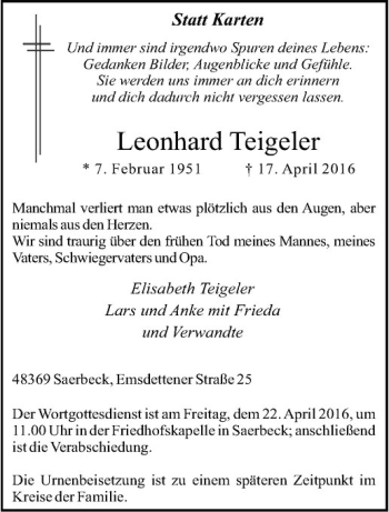 Anzeige von Leonhard Teigeler von Westfälische Nachrichten