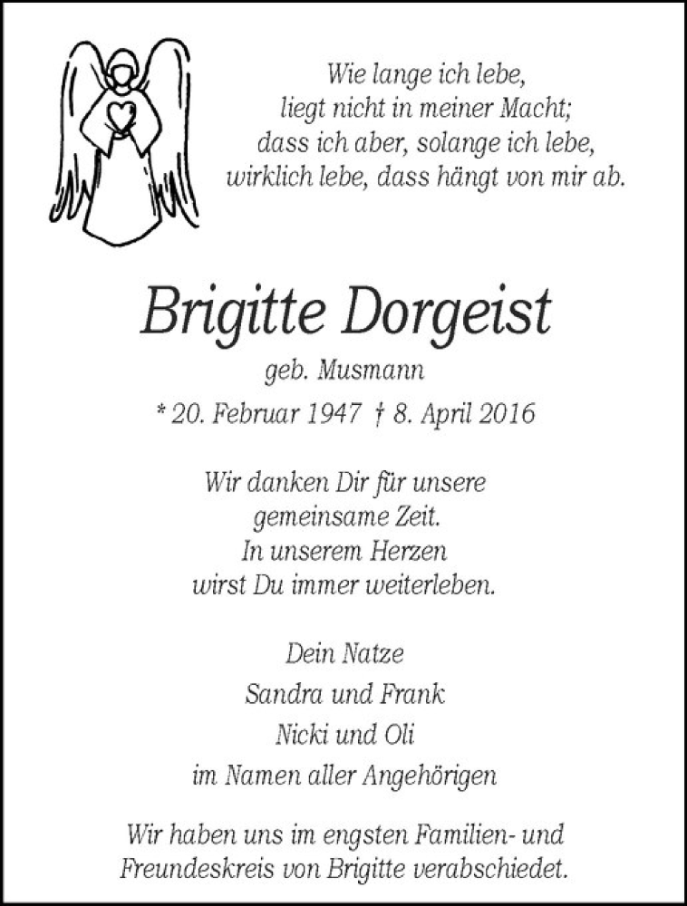  Traueranzeige für Brigitte Dorgeist vom 16.04.2016 aus Westfälische Nachrichten