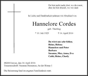 Anzeige von Hannelore Cordes von Westfälische Nachrichten