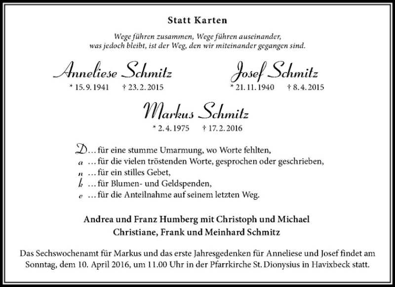  Traueranzeige für Anneliese Schmitz vom 02.04.2016 aus Westfälische Nachrichten