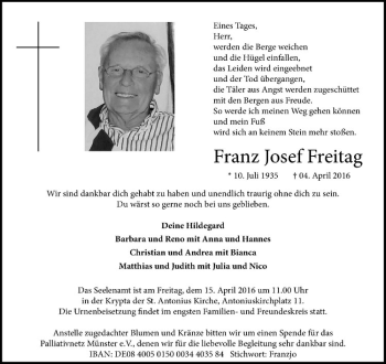 Anzeige von Franz Josef Freitag von Westfälische Nachrichten