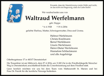 Anzeige von Waltraud Werfelmann von Westfälische Nachrichten