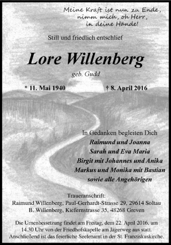 Anzeige von Lore Willenberg von Westfälische Nachrichten