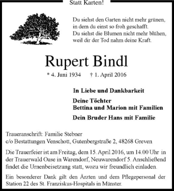Anzeige von Rupert Bindl von Westfälische Nachrichten