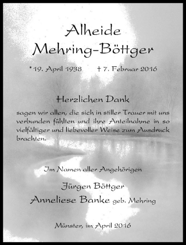  Traueranzeige für Alheide Mehring-Böttger vom 09.04.2016 aus Westfälische Nachrichten