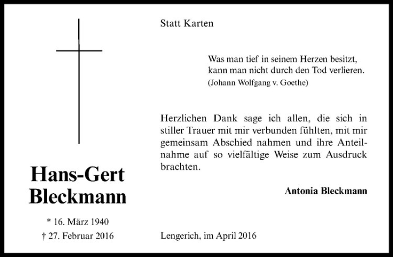  Traueranzeige für Hans-Gert Bleckmann vom 16.04.2016 aus Westfälische Nachrichten