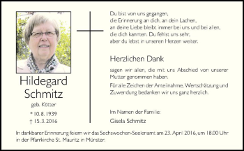 Anzeige von Hildegard Schmitz von Westfälische Nachrichten