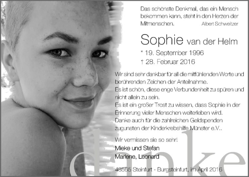  Traueranzeige für Sophie van der Helm vom 09.04.2016 aus Westfälische Nachrichten