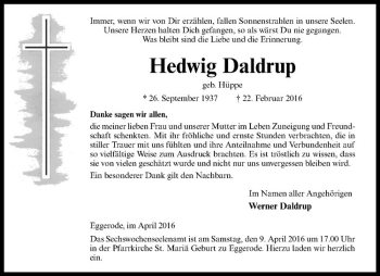 Anzeige von Hedwig Daldrup von Westfälische Nachrichten