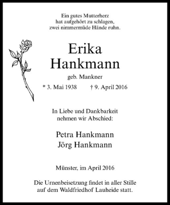 Anzeige von Erika Hankmann von Westfälische Nachrichten