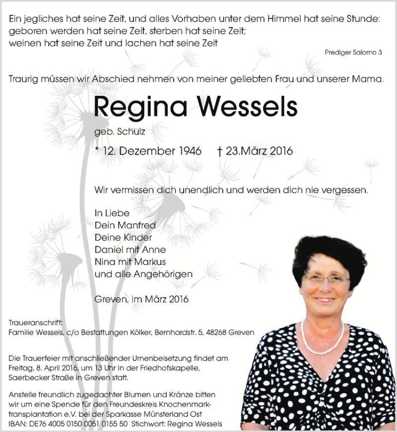  Traueranzeige für Regina Wessels vom 02.04.2016 aus Westfälische Nachrichten