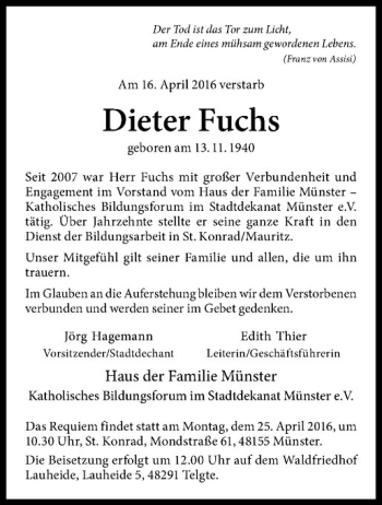 Anzeige von Dieter Fuchs von Westfälische Nachrichten