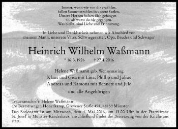 Anzeige von Heinrich Wilhelm Waßmann von Westfälische Nachrichten