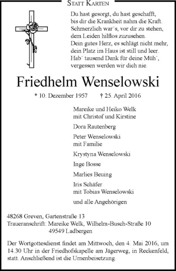 Anzeige von Friedhelm Wenselowski von Westfälische Nachrichten