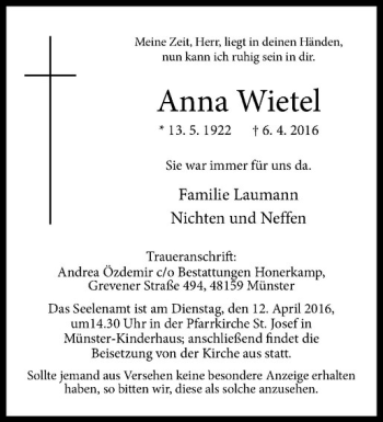 Anzeige von Anna Wietel von Westfälische Nachrichten