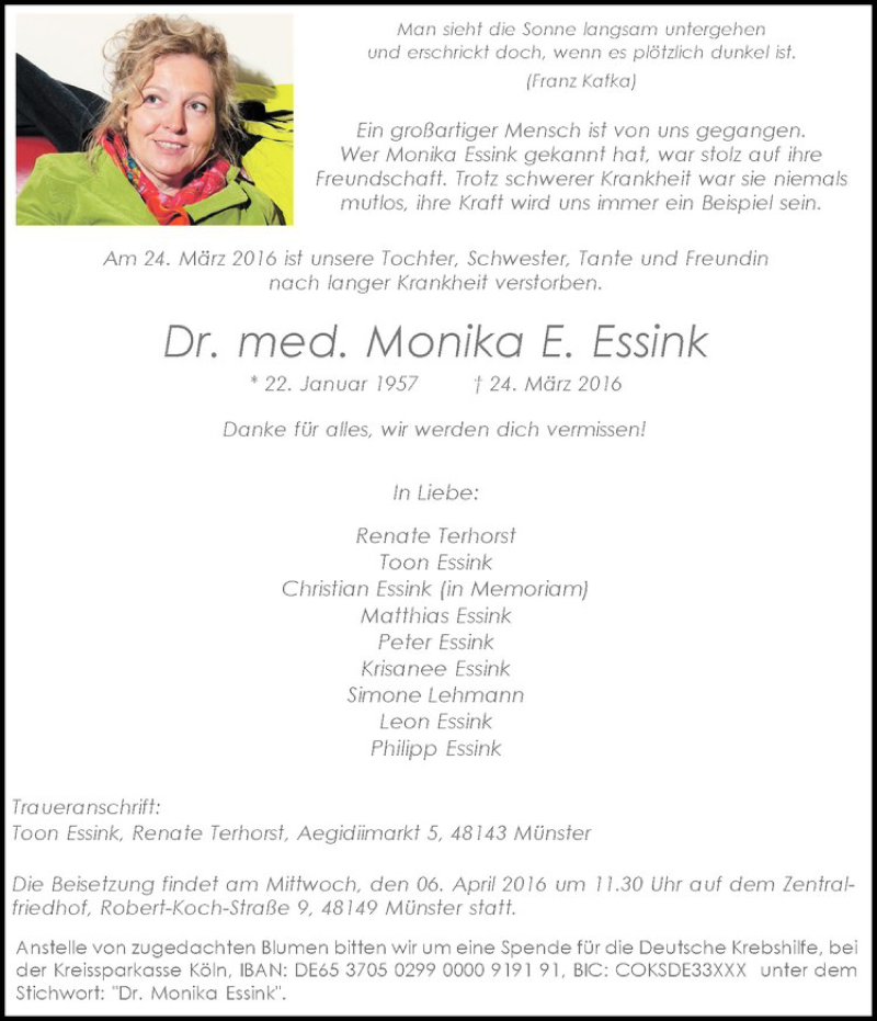 Traueranzeige für Monika E. Essink vom 02.04.2016 aus Westfälische Nachrichten